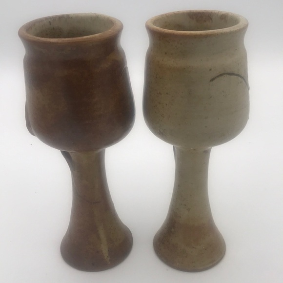 VTG Michael Schyler Flat Earth Set of 2 Art Pottery Goblets - Picture 2 of 13